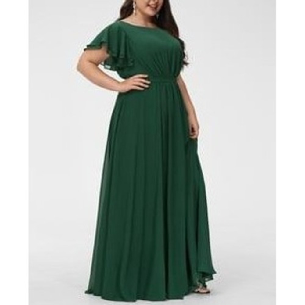 Elegant Green Formal Dress, Short Sleeve Flowy Chiffon Dress Sz 16 /#8199‎